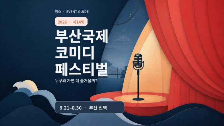 초대형 제목과 마이크로 표현한 2026 제14회 부산국제코미디페스티벌 행사 썸네일